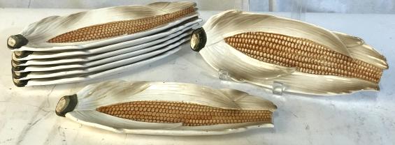 Set 8 Corn Themed Oblong Dishes: Italian Ceramic Bowl With Chick Egg Themed Lid, measures approximately 8 inches in diameter x 5.5 inches tall, Repair to egg on top, chip to rim of bowl, marked on underside Italy 2815. Farm House Dis