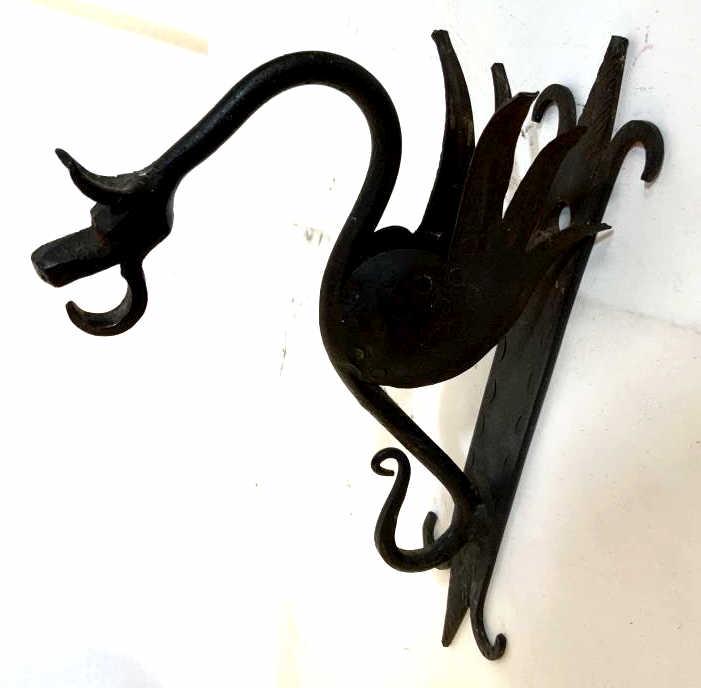 Metal Iron Dragon Form wall Hook: Iron metal possibly Asian dragon form wall mount, hook measures app ht 9 inches depth 6 inches, wall hanging, home accent and accessories,