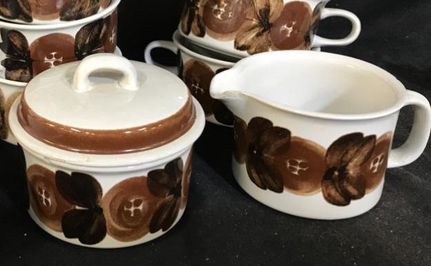 Set 9 Arabia signed hand painted tea service: Set includes 7 wide mugs, 1 sugar jar with lid, and one small cream pitcher vessel. Mugs are approximately 2 inches tall and 4 inches in diameter. Jar is approximately 2 inches tall and 4 inches in di