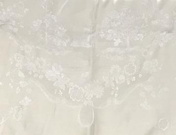 Cream Floral Tablecloth w Detail Tress & Building: floral motif, there are scenes of full trees and buildings that resemble a church or fortress type building. Measurements, 67 x 85 in. approx. No noticeable marks, no rips or tugs. Tablecloth, Table L