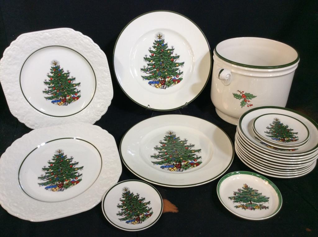 Set 19 English Holiday Set Cuthbertson and More: Set contains pieces from Cuthbertson and Spode collections. White porcelain plates made in England with a Christmas tree print. Set contains one dish approximately 4 inches in diameter from Spode, 3 4