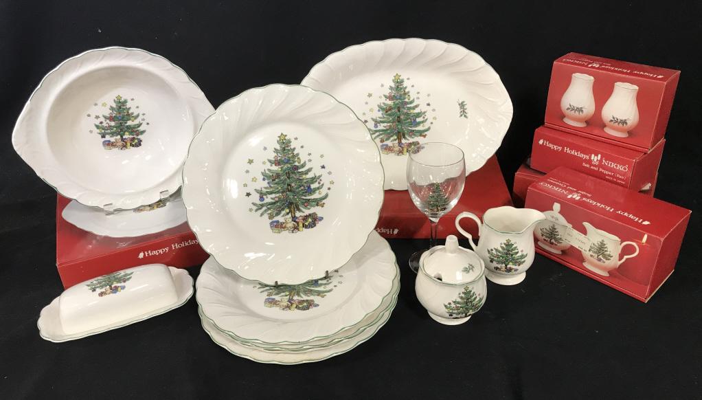 Set 28 Nikko Happy Holidays Dishes & Glasses: Set 28 Nikko Happy Holidays Dishes & Glasses, white porcelain ceramic dishes with Christmas tree motif and green painted edges, set consists of 8 wide glasses, 5 dinner plates, 2 serving platters, 4 v
