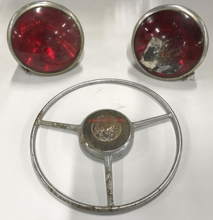 Vintage Seagrave Fire Truck Lights & Wheel Cover: Vintage Seagrave Fire Truck Lights & Steering Wheel Cover attachment, Wheel Cover has Seagrave emblem on center circle w sticker that reads Engine 165, lights have raised guide warnray lamp on red lig