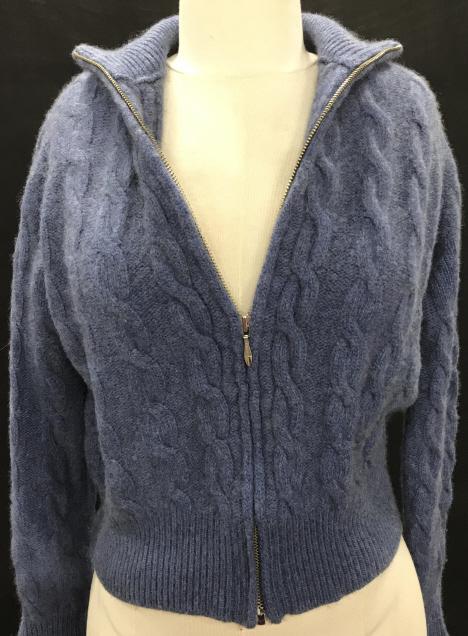 Luxury Cashmere Zippered Sweater Jacket, Scotland: Bergdorf Goodman Collection Cashmere Short Waist Sweater. Lapis Blue Color, Front Zipper, Cable Knit Design, Long Sleeves, Size M, Can be Hand Washed, Tag Inside W Details. Luxury NY Department Store