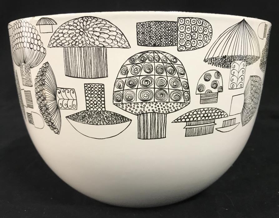 FINEL Kaj Franck Enameled Metal Bowl C 1950’s: FINEL Kaj Franck Enameled Metal Mushroom Bowl C 1950’s, Made in Finland, measures approximately 8.25 inches in diameter x 5.75 inches tall, marked on underside FINEL Made In Finland, a few nicks to 
