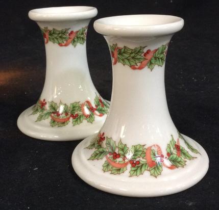 Set 6 Vintage Holiday Tableware Decor: Set includes 4 7.5 inch diameter plates, 1 4 inch tall mug, and 1 pair candle holders. Mug is bone China. Plates are possibly porcelain ceramic, candle holders are ceramic. Mug made by Hitkari, plates