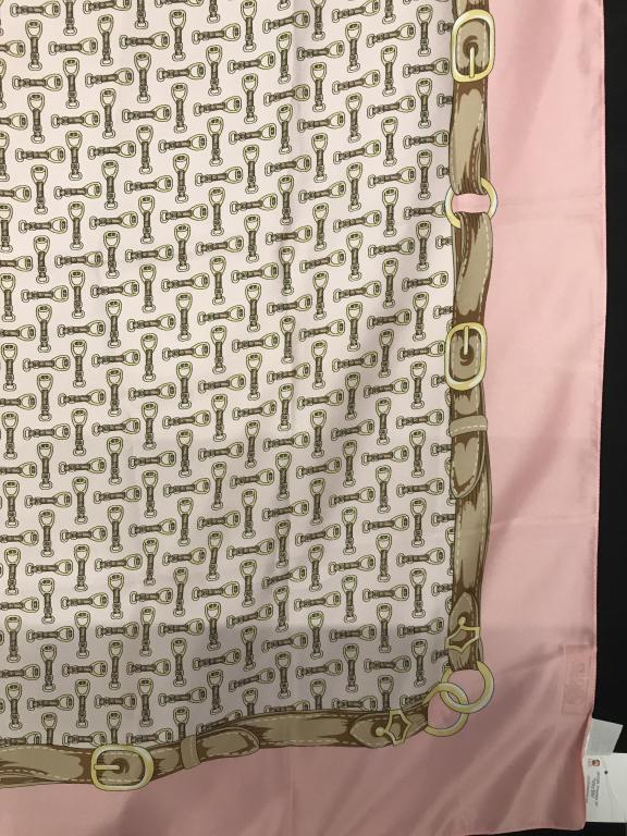 LILO ‘Vita Bits’ Scarf, New with Tags, Italy: LILO COLLECTIONS 35 x 35 in. ‘Vita Bits ‘ Scarf In Pink, Equestrian Motif with Horse Reigns/ Saddle Belt Decoration. Polyester. Made in Italy. Square Scarf, Italy, LILO Collection, Made In Italy,