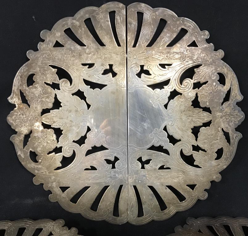 Set 3 WALLACE SP Trivets W Bakelite Footed Base: Set 3 WALLACE SP Adjustable Trivets With Bakelite Footed base, etched Scroll, Leaf and open work design, 1 10.5 inches in diameter, 2 8.5 inches in diameter, marked on underside of 2 Miller trivets Wa