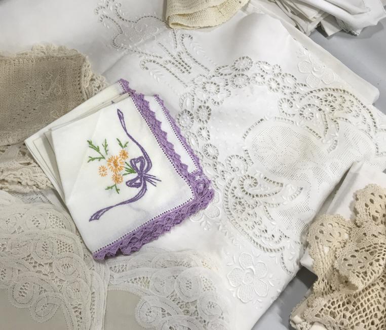 Large Group Of Vintage Table Linens: Large Group Of Vintage Table Linens consisting of Table cloths, napkins, place mats, doilies, some lace, embroidered, crochet, discoloration staining on some.Various sizes. Vintage Table Ware, Table P