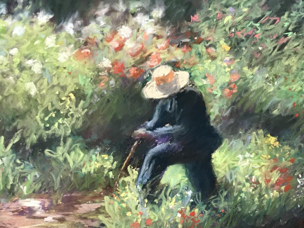 Signed Richard PIONK Pastel Artwork, Summer Garden: Signed PIONK in lower right corner, artwork depicts figure in garden. Artwork is matted and set behind glass in wood frame. Verso has label with artist and title for the 1997 Summer Auction at the Sal