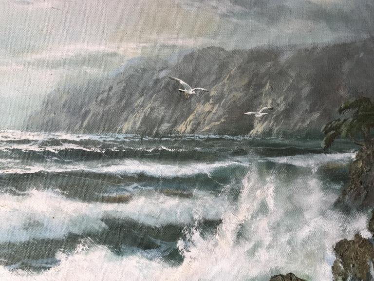 Signed Oil on Canvas, Crashing Waves: Oil painting on canvas, Signed illegibly in lower right corner, possibly reads ‘Yoon.’ Artwork depicts waves crashing during storm. Canvas is set in gold tone wood frame. Measures approx 27.75 inc