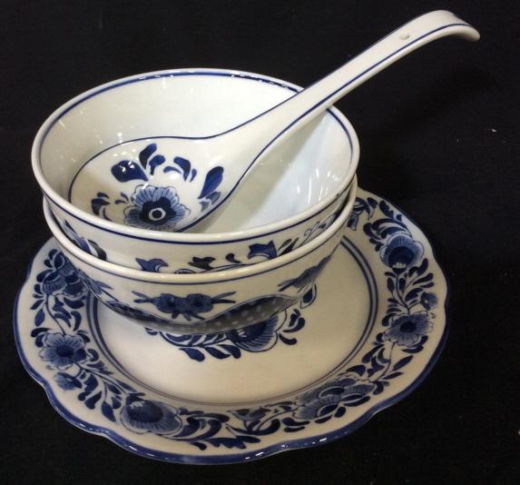Set 4 Signed Asian Porcelain Tableware: Vessels include 2 bowls, 1 soup serving spoon, and 1 dinner plate. Each piece has a different initial signed. Spoon is not signed. Plate measures approximately 10 inches diameter. Bowl is approximatel