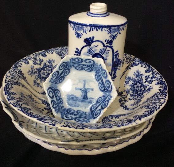 Lot 5 Porcelain Decorative Tableware Set: Set includes 2 plates, 1 wall hanging, 1 jar, and 1 bowl. Plates are for decorative purposes. Plates measure approximately 10 inch diameter and are Blue Danube. Wall decor measures approximately 4 inc