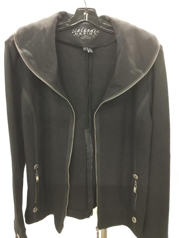 ‘Icelandic Design’ Wool Sports Jacket: Atlantis Imports Inc. Sweater Jacket, Black, all wool, patterned between textured old world wool and modern soft stretch wool, including arms & sides. Silver toned zippers & buttons. Zippered pockets.