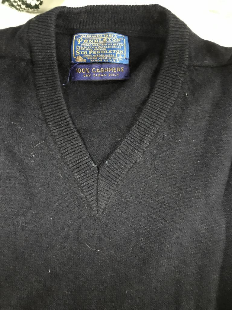 Pendleton Mills Virgin Wool Cashmere Sweater: V Neck Sweater from Pendleton Woolen Mills, Portland, Oregon. Tag continues to read 100% Virgin Wool, Cashmere. Navy Blue Men’s Style Sweater. Size L. Dry Clean. Wool Sweater, Luxury Brand Sweater, 