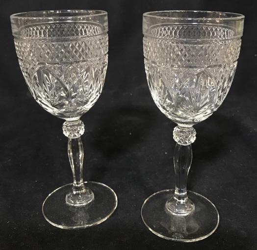pair Vintage glass drinking goblets: Drinking goblets with a geometric pattern. No evident branding or trademark. Approximately 7.5 inches tall and 3 inches diameter. Needs cleaning. Drinking glasses, drinking goblets, goblets, wine glas