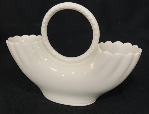 LENOX Porcelain Handled Vase Vessel: White ceramic decorative vessel. Measures approximately 6.5 inches wide and 5.5 inches in height. Bottom is printed Lenox. Needs to be cleaned. Decorative vessel, decorative accessory, vintage ceramic