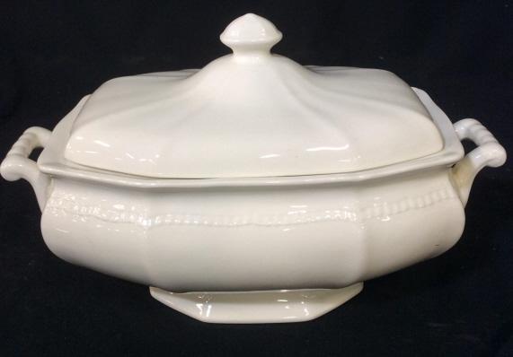 VINTAGE KENSINGTON STAFFORDSHIRE IRONSTONE: Vintage Ironstone Storage Vessel. Measures approximately 12 inches wide and 7.5 inches tall. Made in England. Elegant Ironstone great for storage. No evident chips or cracks. Needs cleaning. Ironstone