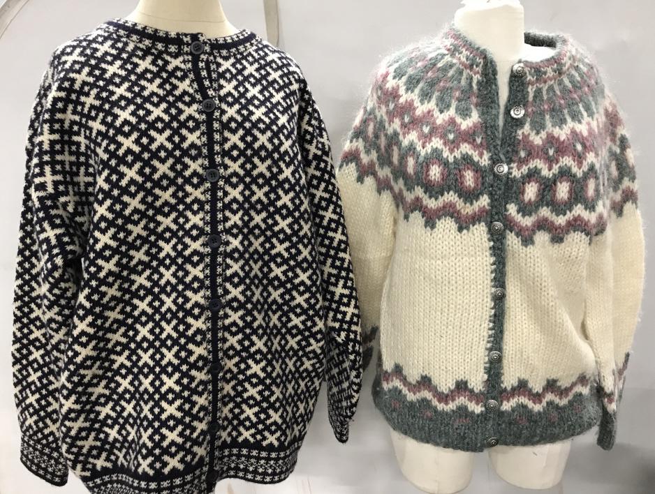 Lot 2 Nordic Patterned Wool Cardigans: Button Down Blue & White Wool Knitted Cardigan Sweater. Tag reads ‘INGER, Made In Finland’ Appears Size L- XL. Short Wool Fibers. Possibly men’s cardigan. Circular ‘Yoke’ Pattern Cardigan fr