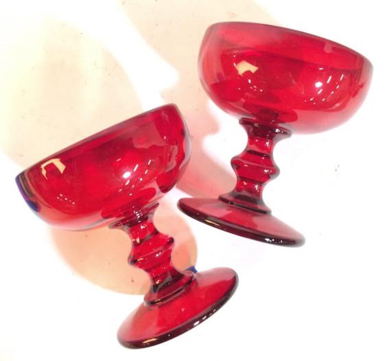Red Toned Glass goblets: Ruby red toned glass, measures approx 4 in by 4 in., Stemware, Art Glass, bar ware, goblets, Drinking Vessels, tableware. 4