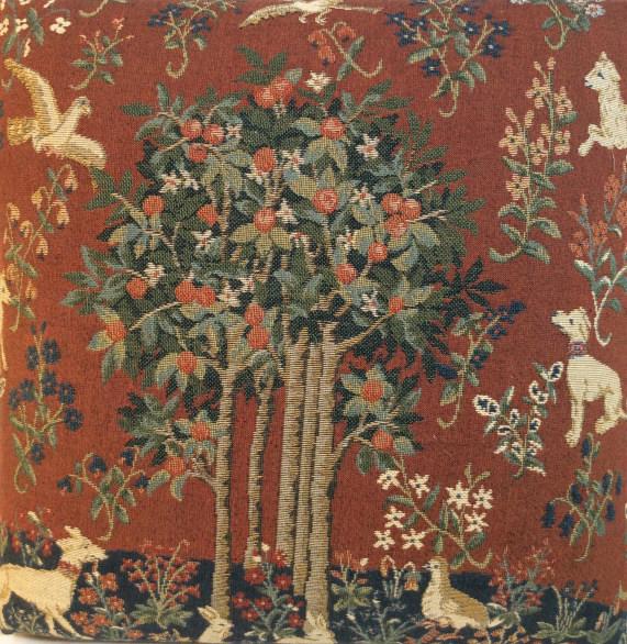 French Tapestry Upholstered Foot Stool: French Tapestry featuring animals in garden scene, tones of red blues and greens, dark finished wood ball feet, nail head trim design, upholstery, measures approx 14 in square by 5 in. Foot rest foot 