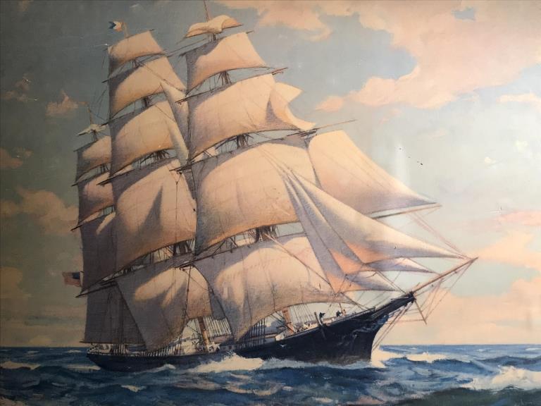 Framed Vintage Maritime Print on Board: Print is set in wood style frame. Measures approx 26.5 inches in height by 34.75 inches in width with frame. There is surface wear of print like punctures and scratches, and sticker residue on frame. 