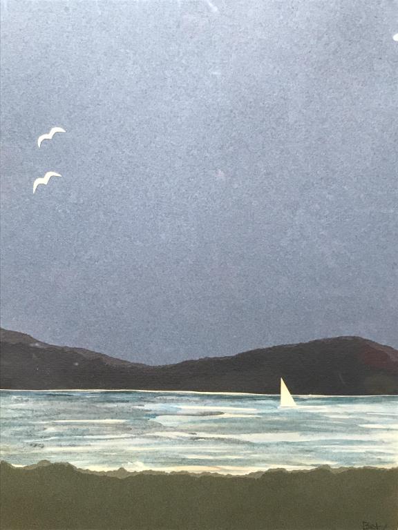 Framed & Signed Layered Paper Art, Sailboat at Sea: Signed BET and dated 1984 in Pen in lower right corner. Artwork depicts multiple layers of paper to create scene of a sailboat in water. Artwork is matted and set behind glass in gold tone wood frame.