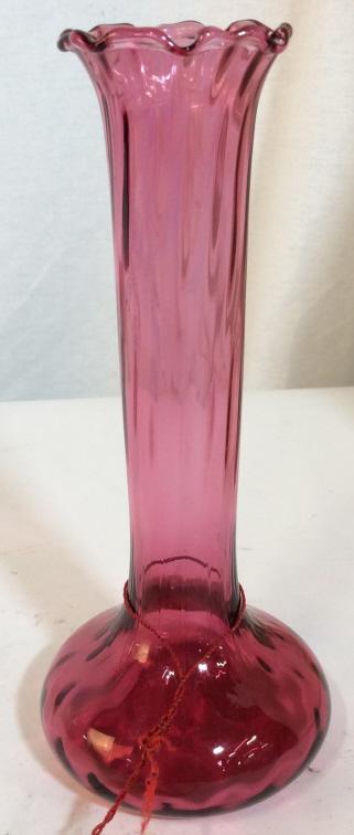 PILGRIMS Cranberry Glass Vase: Has label for Pilgrim’s Genuine cranberry glass. Measures approx 7.25 inches in height by 1.8 inches in diameter at openings. Will need cleaning. Vase vessel decorative tabletop accessory, cranberry