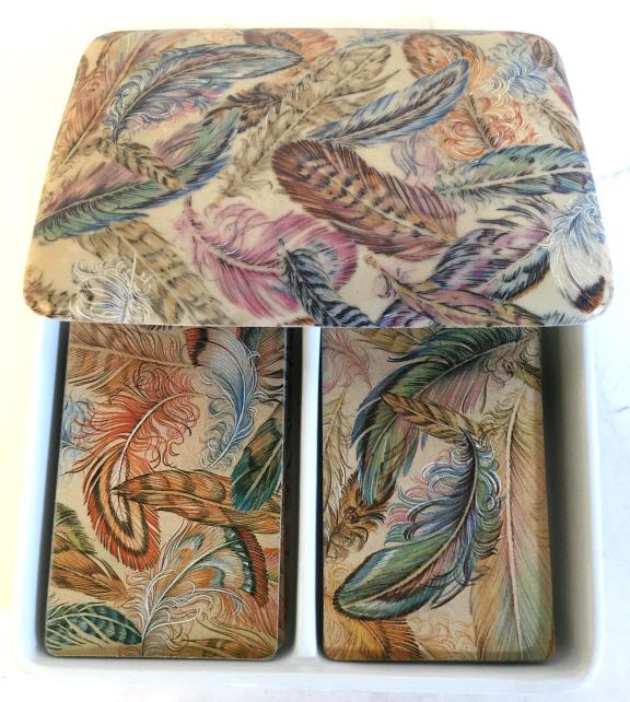 NEIMAN MARCUS Porcelain Box W Playing Cards: Lot includes 1 double compartment dish. Includes 2 decks of playing cards. Box measures approx 6 inches long 4.5 inches wide. Underside is marked NEIMAN MARCUS. decorative accessories, playing cards, 