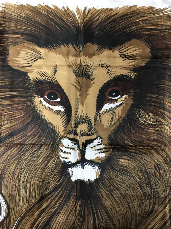 Lion Design Fashion Scarf: Lion Facade with full mane, hues of browns and black with detailed lion Hairs. 27 x 27 in. 100% polyester, tag reads ‘Hand Rolled in Japan, Glentex’ Lion Pride Image, Scarf, Lion Motif, Africa, Fa