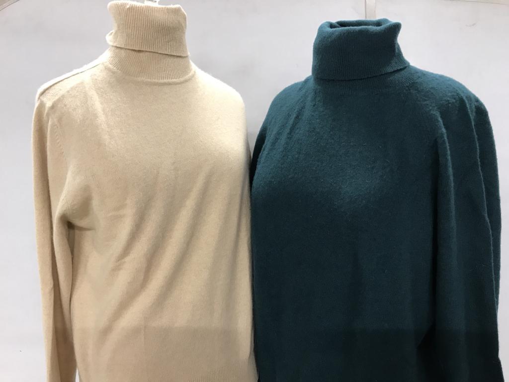 Lot 2 Luxury Designer Wool/Cashmere Turtlenecks: Italian Made Green Wool Turtleneck by PROFONDO BLU. One size. Has a little bit of pilling. DANIEL CARON for BONWIT TELLER Camel Color Cashmere Turtleneck, Size L. Made in China. Has small puncture bac