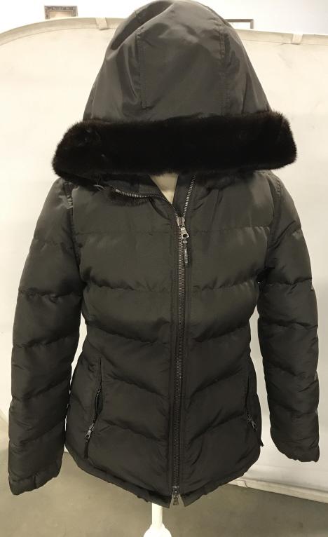 PRADA Down Jacket w Mink Lined Hood, Italy: Italian Designer Prada, down Jacket. Shell is combo 56% silk and 44% polyester. Fill is 100% Down. Inner Jacket waist snaps, Attached hood, cinch tie, fur lining buttons on, Label reads Natural Mink F