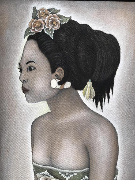 Signed Indonesian Oil On Canvas, Female Portrait: Signed Oil Painting On Canvas from Indonesia depicting woman’s portrait. Signed illegibly in lower left corner, possibly reads ‘Wi Mangku,’ along with ‘Ubud Bali’ witten In lower right corne