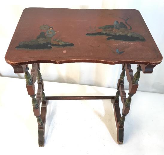 Vintage Hand Painted Side Table W Asian Scene: Vintage Hand Painted Side Table W Asian Scene, turned legs and carved side rungs, Painted in maroon, green and black tones, some surface wear, scratches and nicks to base. Measures approx 20 inches wi