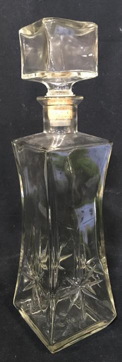 Vintage Glass Wine Decanter: Vintage Wine Decanter marked on underside for D-126 55 - 65. Stopper has cork. Measures approx 12 inches in height by 3.25 inches squared in length and width. Barware, Glass Decanter, serveware, Decor