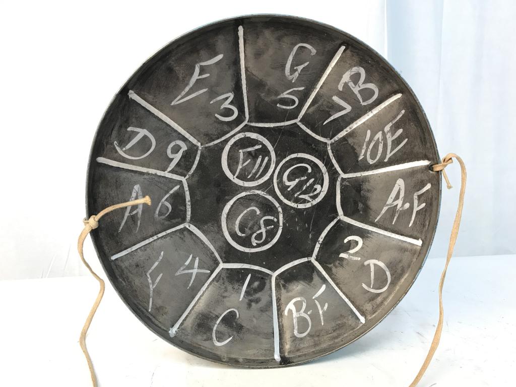 Vintage St Thomas Steel Drum: Vintage St Thomas Steel Concave Drum With musical notes written on top and painted sides with St Thomas VI stenciled on perimeter, measures approximately 11.5 inches in diameter x 2.74 inches deep, so