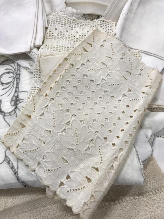 Large Assortment Of Vintage Table Linens: Large Assortment Of Vintage Table Linens, An Assortment of Table Linens consisting of tablecloths, runners, coasters, doilies, napkins, some stains and discoloration to some. Vintage linens, Table Lin