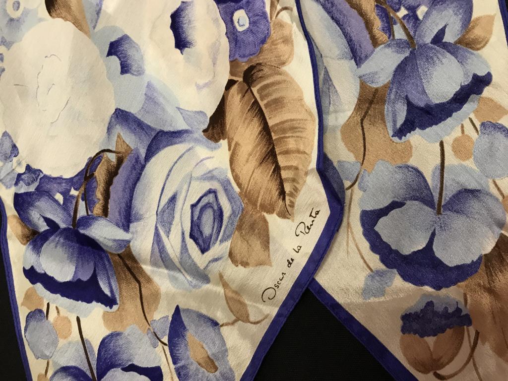 OSCAR DE LA RENTA Vintage Floral Silk Scarf: accessory Street Collection- Blue Floral Scarf with brown leaves and stems. 100% Silk, Dry Clean. Made in Japan- Label details. 8 x 68 in. Triangular ends. Neck Scarf, Luxury Designer, Oscar de la REN