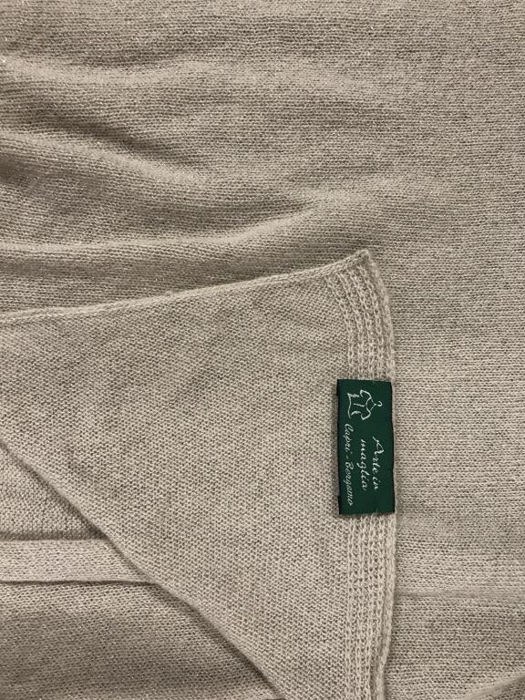 LORO PIANA CASHMERE Shawl Wrap Scarf, Capri: Soft Woven Fabric, labeled Arte in Maglia Capri, Bergamo. Additional label, 100% Cashmere. Beige color with touches of reflective glitter thread that show a bit of contrasting silver. 27 x 80 in. A sm