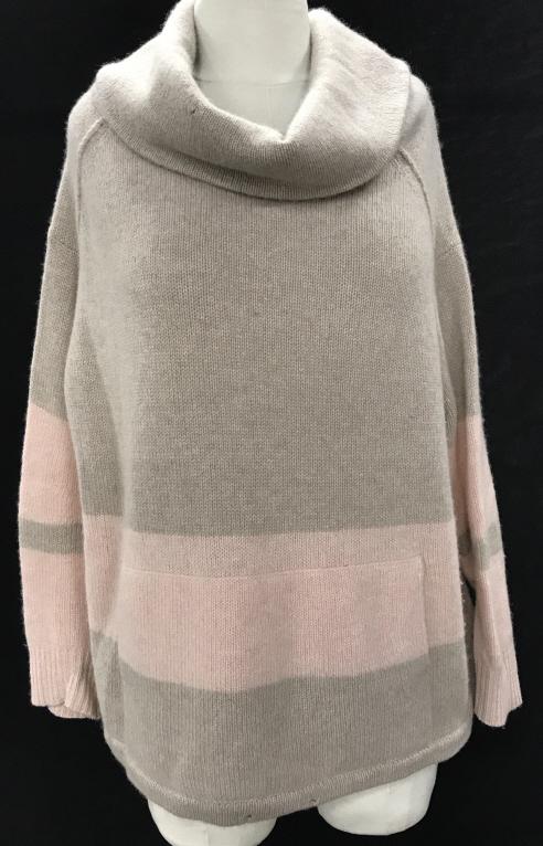 360 SWEATER Hand Pocket Wide Turtleneck: 100% Cashmere, Size S, Made in China. Light pink and beige wide horizontal stripe with wide cowl turtleneck. Center hand pocket rest. Sm discoloration on Sleeve & cuff. Needs a stitch or two on collar