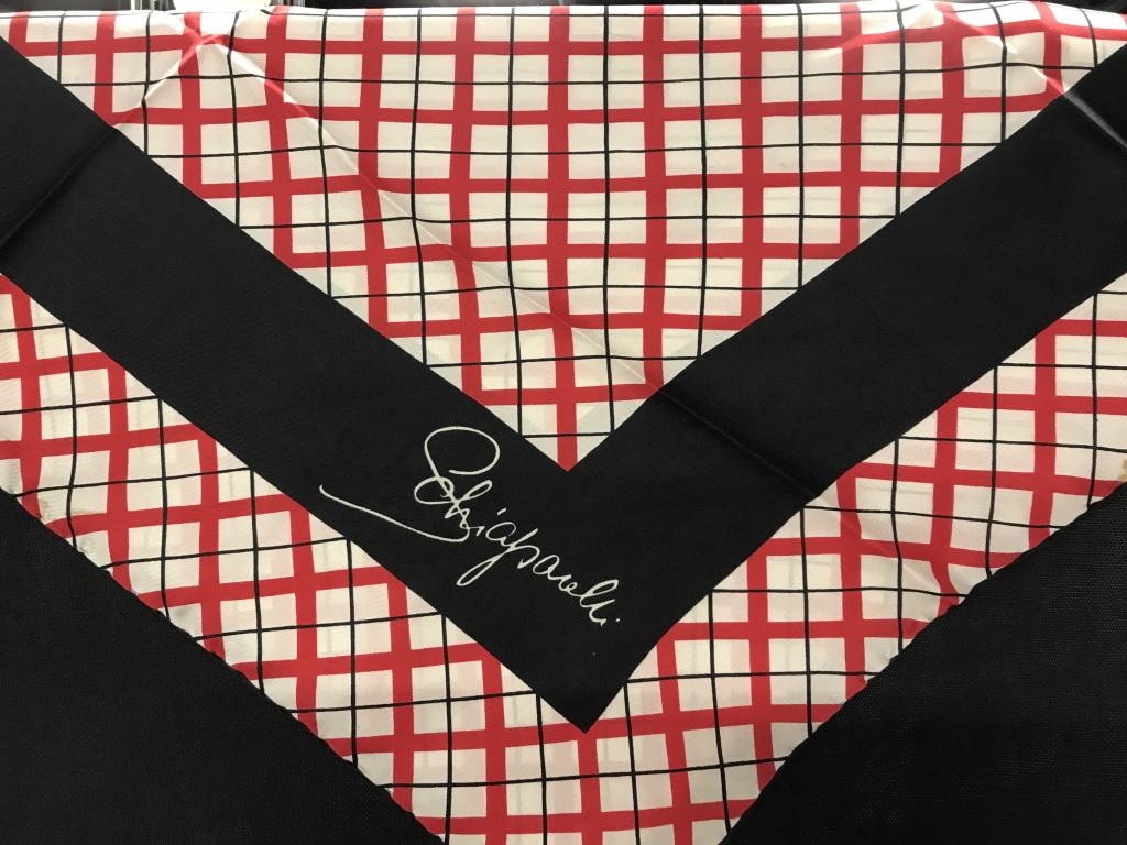 ELSA SCHIAPARELLI Couture Silk Plaid Scarf, France: Vintage Couture Elsa Schiaparelli square shape scarf. She was the greatest rival to Coco Chanel & alongside her as the most prominent figures in fashion between 1914- 1945. Scarf , 26 x 26 in. Red, Wh
