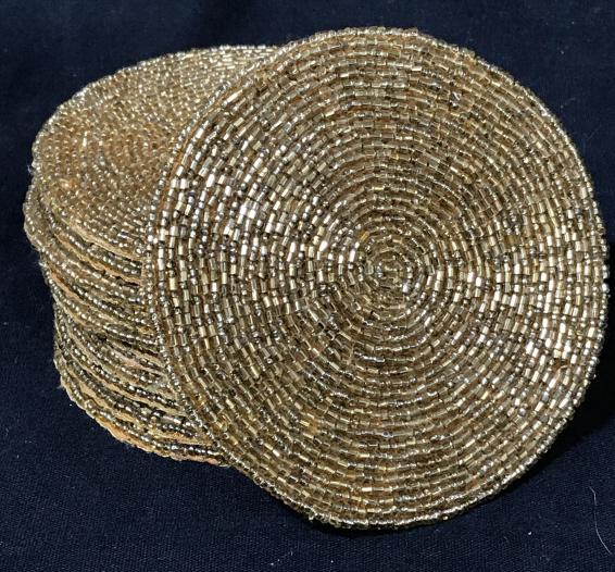Set 12 Crate & Barrel Gold Beaded Coasters: Some coasters marked on underside for Crate & Barrel. Gold tone beads on 100% silk backing. Each measures approx 4 inches in diameter. Tableware, decorative tabletop accessory, festive holiday decor,