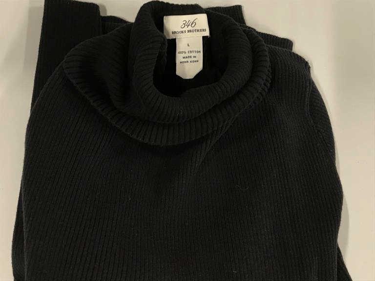 BROOKS BROTHERS RIbbed Turtleneck Sweater: Black Cotton Turtleneck, Made in Hong Kong, Label marked ‘346 Brooks Brothers’ Size L. Luxury Designer Turtleneck, Ribbed Turtleneck, Brooks Brothers, Black, Cotton, Seasonal Fashion, Cold Weather