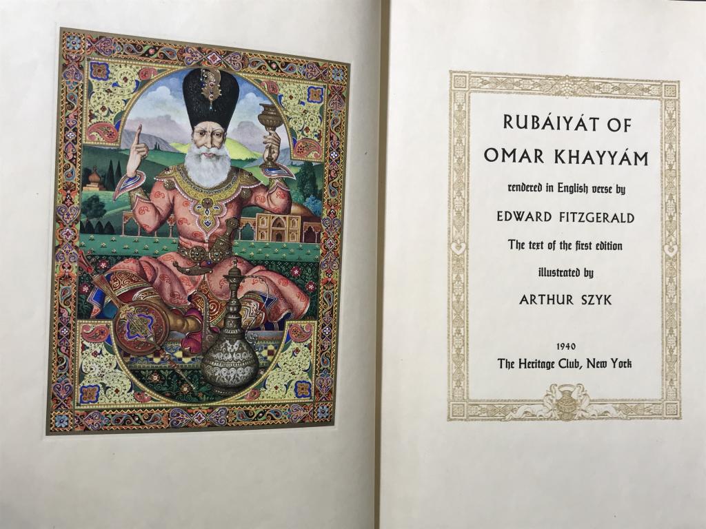 1940 1st Edition Rubaiyat Omar Khayyam Book: 1940 1st Edition Rubaiyat Omar Khayyam Book With color illustrations, published by the Heritage Club. Measures approx 11 inches in height by 8.5 inches in width by 0.5 inches in depth. Book has some s