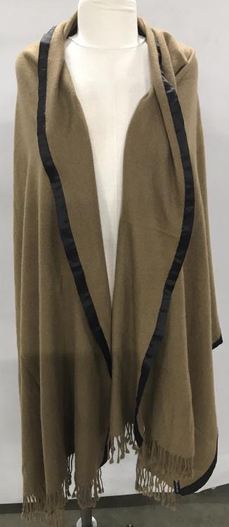 Hand Woven Pashmina Shawl, Nepal- K.C. MALHAN: Mocha pashmina with black sateen like fabric piping, 30 x 82 in. Rope tassels at ends. Labels reads designer K.C. MALHAN, 100% pashmina, Hand Woven in Nepal. Luxury Shawl, Wrap, Cover, wearable Fashio
