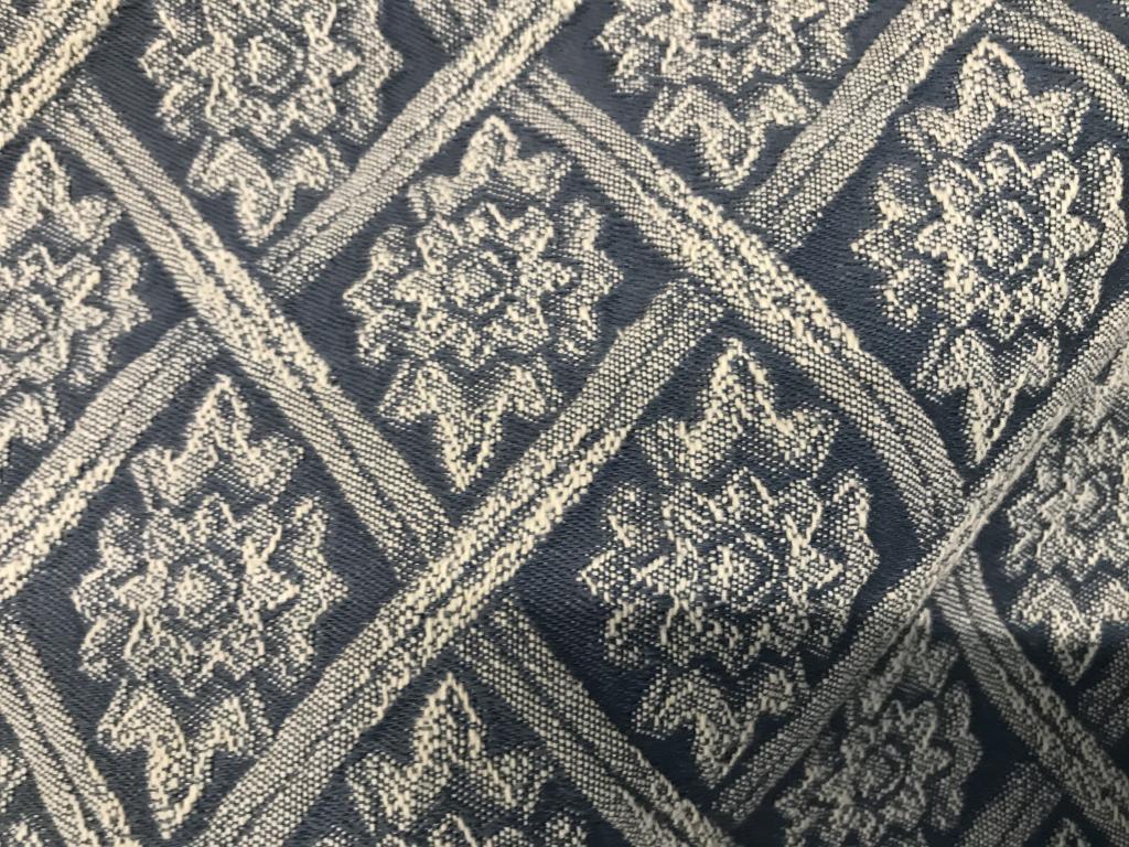 Handmade Brocade Table Runner Set: Lot 8 Matching Blue Floral Brocade Fabric Table Covers, Runners, Protectors, Decor. All were custom made with cord piping and sateen like fabric backing. No rips, pulls, holes. Some minor discoloratio