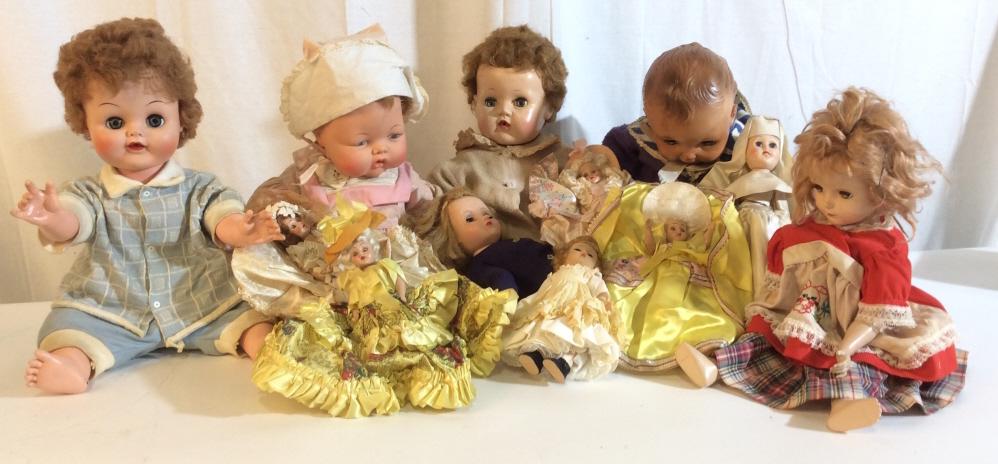 Lot 12 Assortment Of Vintage Dolls: Lot 12 Assortment Of Vintage Dolls to include Alexander Dolls, American Character Doll, Effanbee, and some unmarked, Most with blinking eyes and moving limbs, all in various forms of dress, conditions