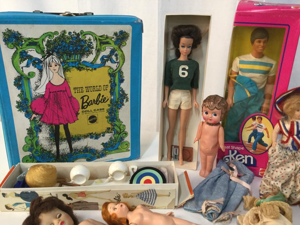 Assorted Vintage Dolls Includes Barbie & Ken: Assorted Vintage Dolls and accessories to Include Barbie & Ken, Barbie Doll Case, Various Doll Clothing and other vintage dolls. Some dolls need repair, damage to Case due to age and use. Vintage Barb