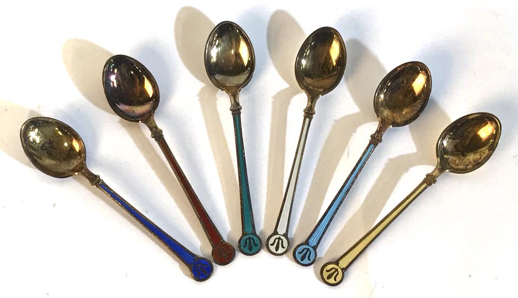 DAVID ANDERSEN Enamel Demitasse Sterling Spoons: Boxed set of 6 David Andersen, enameled sterling demitasse spoons. Features beaded detailing flanking the enameled handles in white, turquoise green, sky blue, royal blue, red, and yellow tone enamels