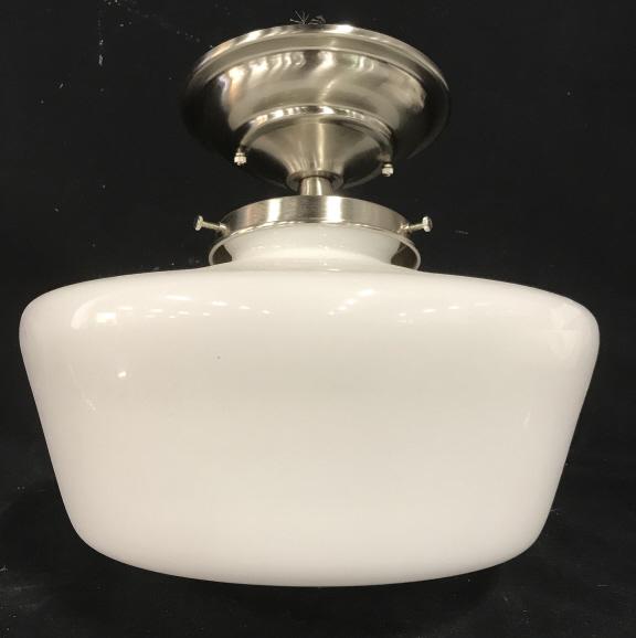 Milk Glass & Chrome Ceiling Pendant Light Fixture: White tone milk glass ceiling pendant with chrome mount. Measures approx 12 inches in height by 12 inches in diameter. New in box. Milk glass ceiling pendant, light fixture, interior home lighting, mi